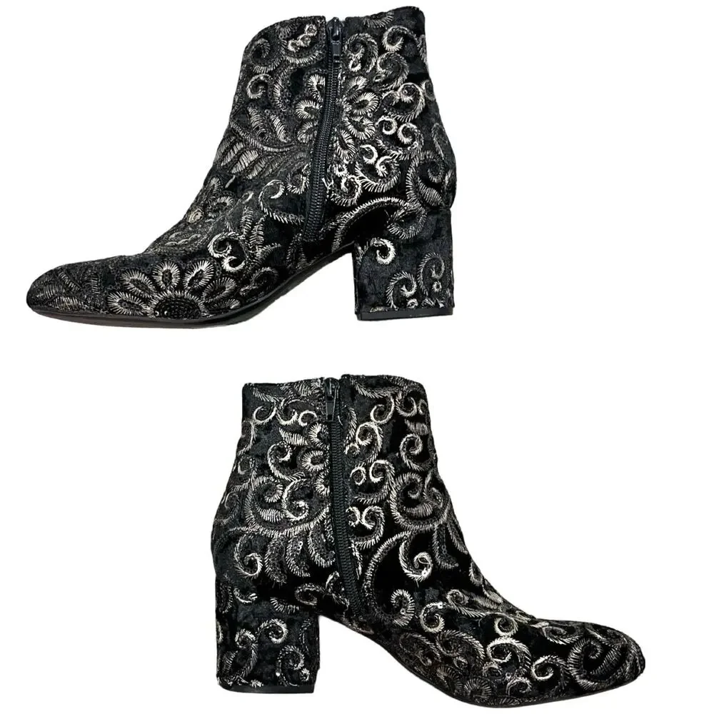 Aldo Sequin Gold Black Velvet Floral Brocade Block Heel Ankle Boots size 8.5 - Picture 4 of 7
